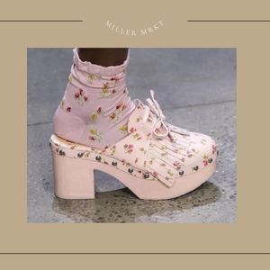 ANNA SUI Pink Pastel Floral Pattern Fringed Clogs/Mules